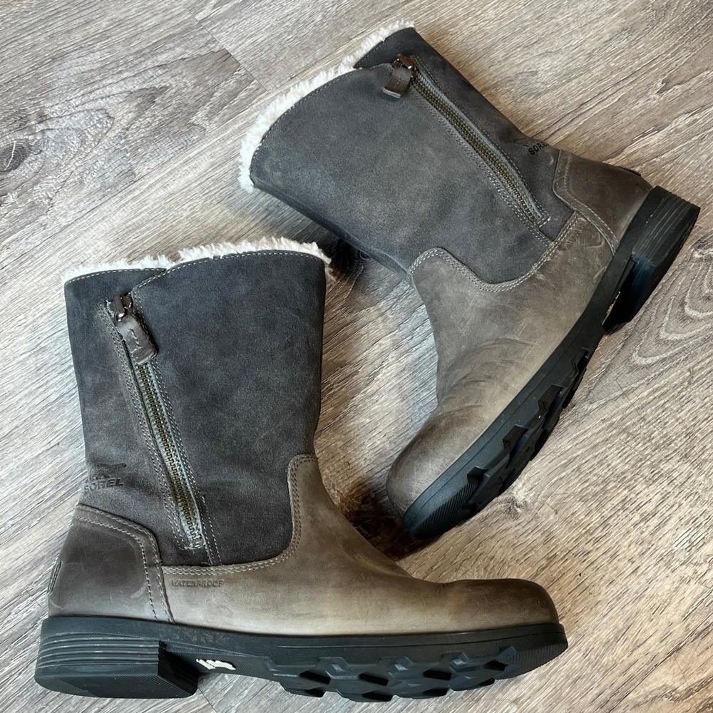 Sorel Emelie Mid Waterproof Winter Boots Gray Faux Fur NL3506-052 Womens 8